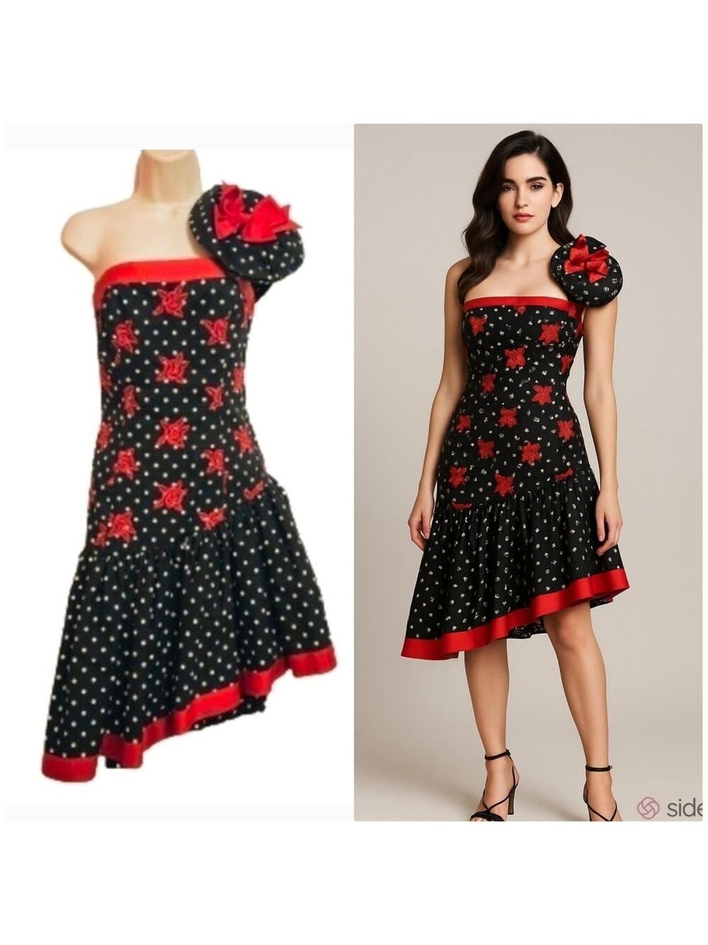 Victor Costa Black Red Floral Polka Dot One Shoulder Dress Small